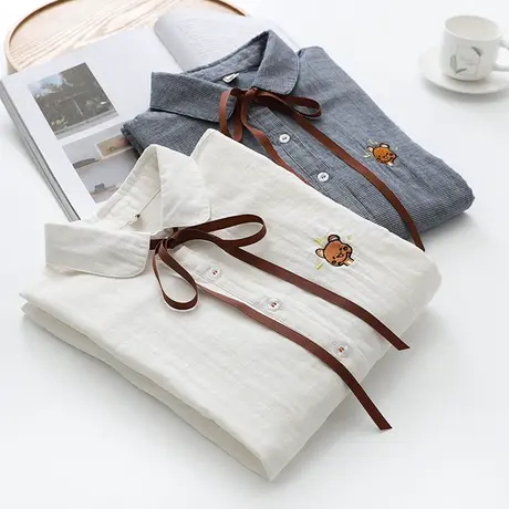 春秋装日系文艺小熊刺绣系带娃娃领双层棉纱长袖衬衫宽松打底衬衣图片