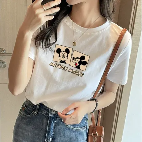 美式t恤女2023新款夏季印花米奇纯棉短袖体恤衫宽松洋气白色上衣图片