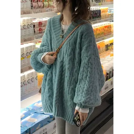 日系复古v领毛衣女春秋宽松慵懒风小众设计高级感针织衫上衣外套商品大图