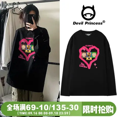 高街ins小众黑色卡通印花t恤女chic韩系慵懒风正肩韩版长袖上衣潮商品大图