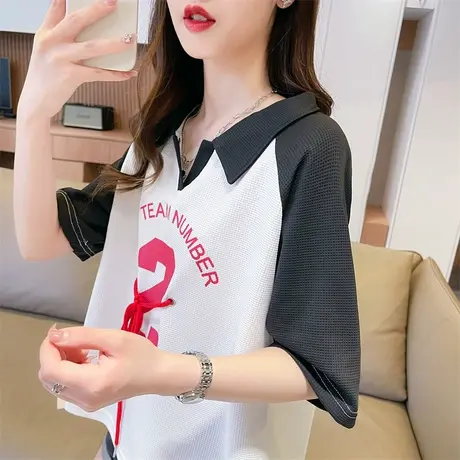 设计感短袖t恤女2023新款夏季韩版宽松短款撞色小个子polo领上衣图片