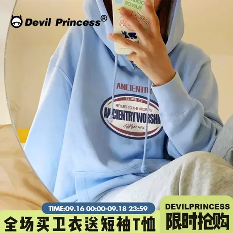 vintage港风复古做旧感天空蓝卫衣女宽松韩版ins春秋新款帽衫外套商品大图