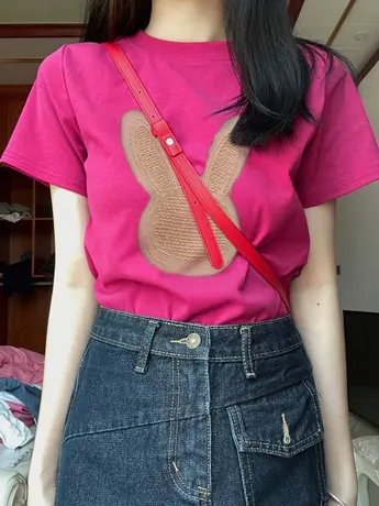 纯棉火龙果色正肩短袖t恤女春装夏季2023新款修身显瘦显白上衣ins图片