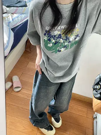 纯棉灰色正肩短袖t恤女夏季美式复古宽松半袖oversize上衣小个子图片