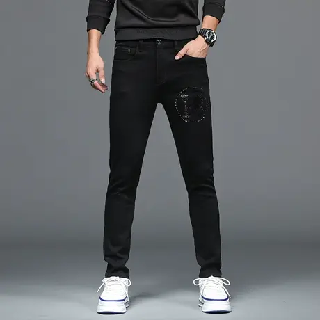 美式水洗破洞修身小脚牛仔裤男士裤子百搭做旧微弹浅色韩版牛仔裤商品大图