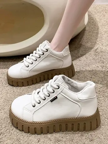 秋冬季加绒松糕高帮鞋皮面小白鞋小个子厚底增高小众设计感复古鞋商品大图