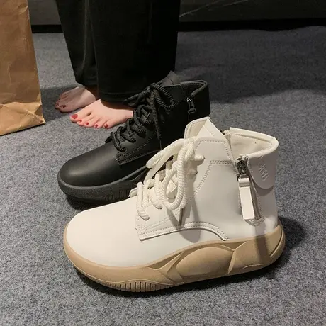 网红厚底马丁靴女2023年秋冬新款松糕底短靴休闲小白鞋百搭高帮鞋商品大图