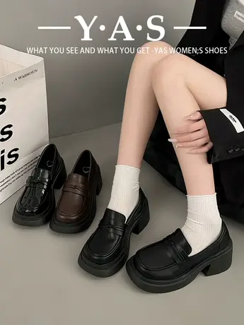 复古英伦风黑色厚底乐福鞋女2024春季新款百搭一脚蹬松糕jk小皮鞋商品大图