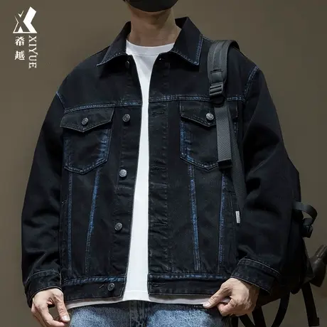 希越高级感明线牛仔外套男2024春秋新款宽松大码男士潮牌工装夹克商品大图