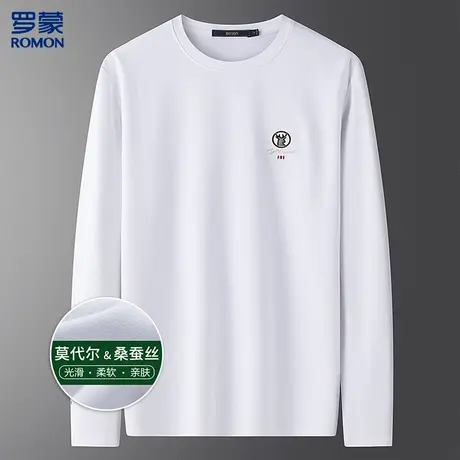罗蒙含桑蚕丝圆领T恤男长袖上衣男舒适莫代尔男士长袖T恤图片