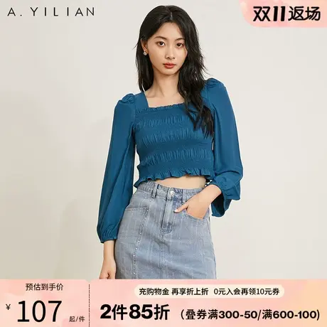 阿依莲法式泡泡长袖上衣秋季2023新款女士装显瘦短款洋气卡腰小衫图片
