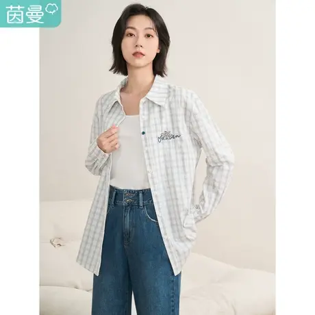 【商场同款】茵曼2023春女装新款休闲格纹手勾花纯棉修身显瘦衬衣商品大图