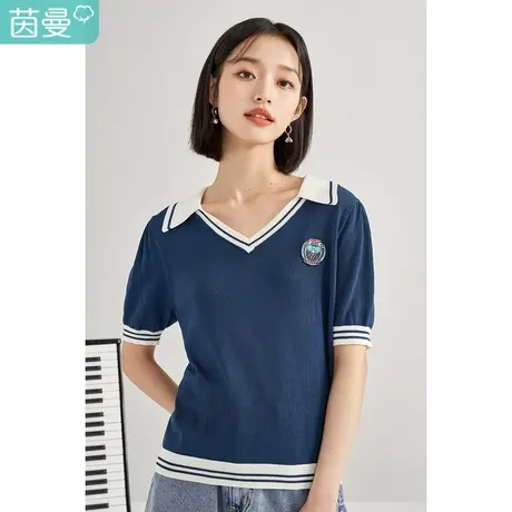 茵曼翻领短袖针织衫女士2023夏季新款宽松显瘦撞色学院风薄款上衣图片