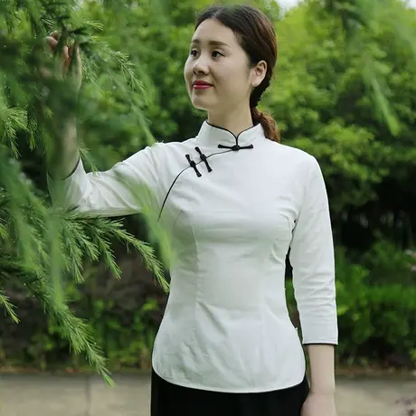 春夏新品中国风文艺复古修身上衣中式七分袖棉麻茶艺服套装汉服女商品大图