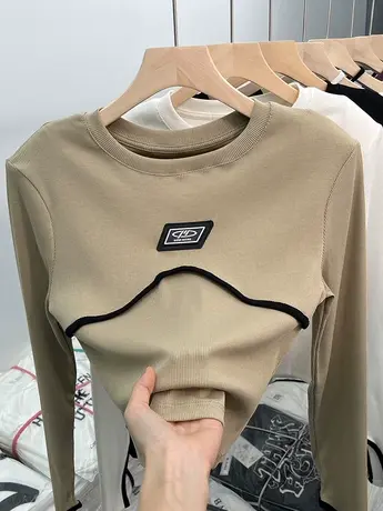 春秋独特甜辣妹修身短款正肩上衣设计感小众打底衫女内搭长袖t恤商品大图