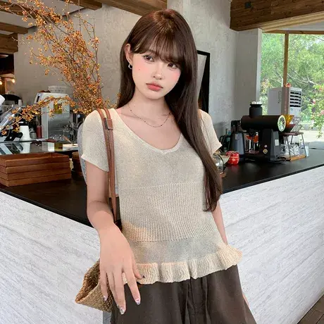 尔给夏季莱赛尔凉感针织衫女设计感花边下摆拼接显瘦法式亚麻上衣商品大图