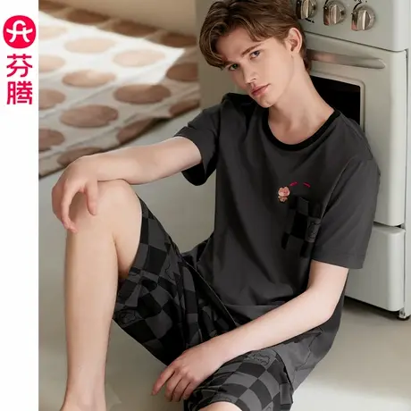 芬腾睡衣男纯棉夏薄款短袖布朗熊套装抗菌凉感青年休闲大码家居服商品大图