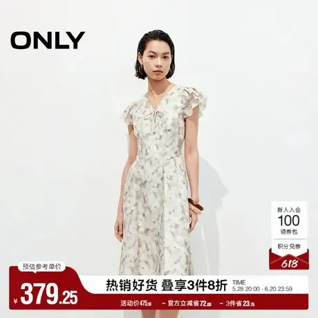 ONLY2025夏季新款修饰肩颈线条法式荷叶袖淡雅印花V领连衣裙女图片