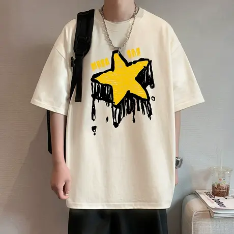 纯棉夏季新款短袖T恤男美式潮牌五角星印花青少年半袖宽松体恤衫商品大图