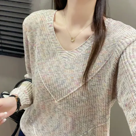 网红爆款星空纱早春V领套头宽松慵懒百搭显瘦长袖针织衫薄款上衣商品大图