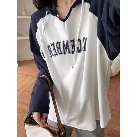 洋气减龄连帽长袖T恤女初秋百搭宽松设计感小众字母印花纯棉上衣商品大图