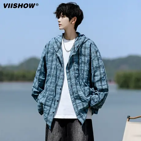 VIISHOW长袖防晒衣男夏季美式复古格子衬衫户外轻薄连帽情侣外套图片