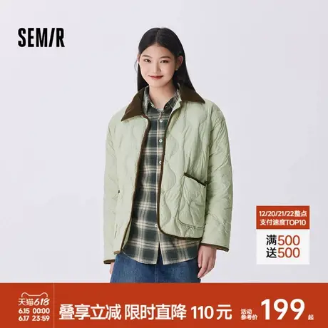 森马羽绒服女中长款轻薄拼接灯芯绒翻领2024冬季新款三防外套复古图片