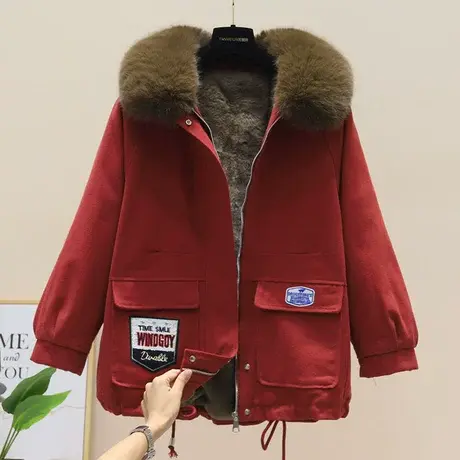 大毛领派克服棉服女短款2023新款冬季韩版加绒工装棉袄棉衣外套潮商品大图