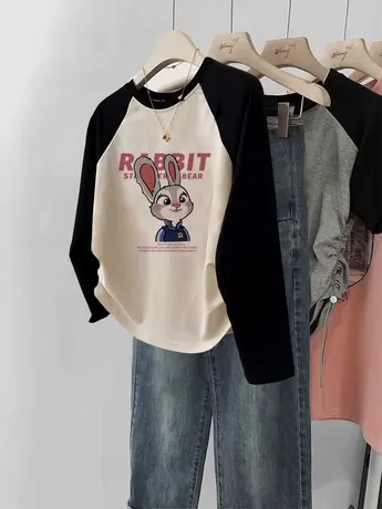 日系chic正肩长袖T恤女秋季插肩袖短款ins潮牌闺蜜装洋气减龄上衣图片