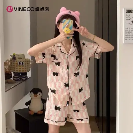 Vineco/维妮芳韩系格子猫咪睡衣卡通薄款家居服套装YX5507商品大图