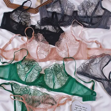 法式小众蕾丝刺绣花朵网纱薄款内衣性感蕾丝文胸套装图片