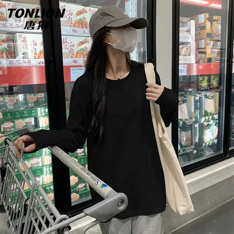 唐狮黑色长袖t恤女2025新款爆款春秋款内搭纯棉大码打底衫上衣VB商品大图