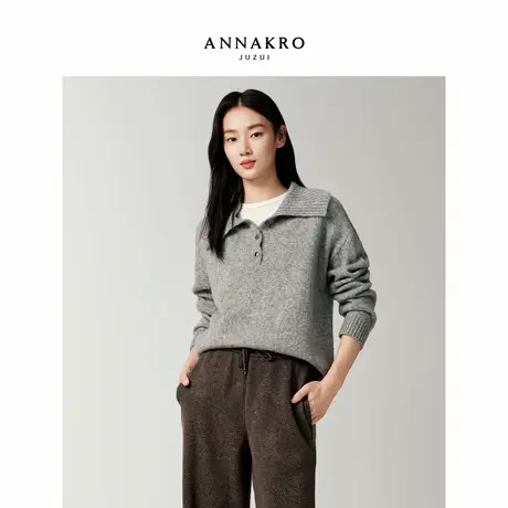 玖姿安娜蔻慵懒老钱风大翻领落肩宽松长袖针织衫女2025冬季新款图片