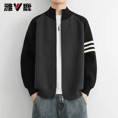 雅鹿2026春秋新款棒球领针织开衫外套男青年宽松撞色条纹打底毛衣图片