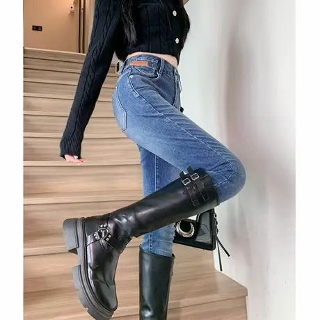 唐狮秋季新款高腰牛仔裤女紧身小脚裤弹力修身显瘦潮流裤子女TD图片