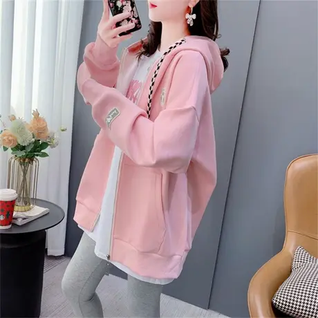 粉色连帽卫衣开衫女春季2023新款宽松慵懒风洋气休闲百搭上衣外套商品大图