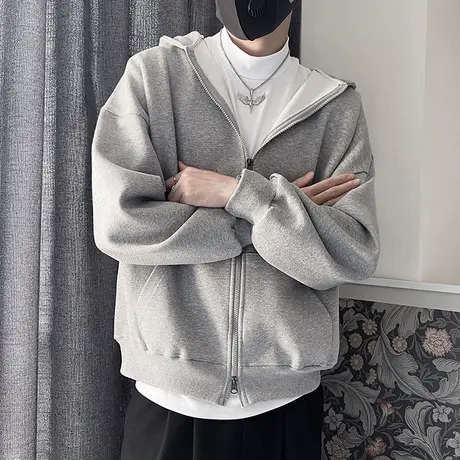 拉链卫衣男春秋季重磅新款美式纯色开衫上衣宽松运动休闲连帽外套图片