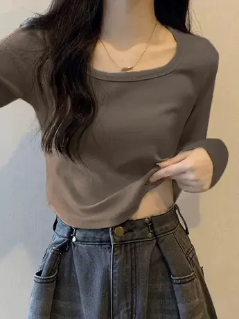 纯欲辣妹长袖t恤女春秋季正肩短款内搭打底衫洋气独特别致小上衣商品大图