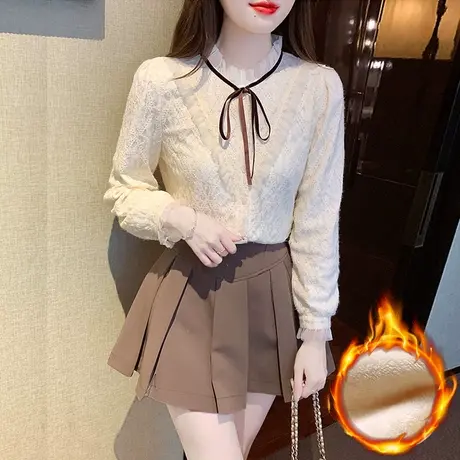 漂亮别致气质蕾丝打底衫女2023冬季新款加绒加厚设计感小众洋气衫商品大图