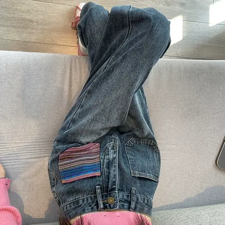 蓝色美式复古阔腿牛仔裤女秋冬2023年新款高腰宽松显瘦直筒拖地裤商品大图