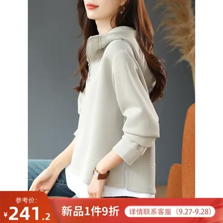 宝诗黎连帽拉链半开领拼接假两件温柔卫衣女2023秋季新款百搭上衣商品大图