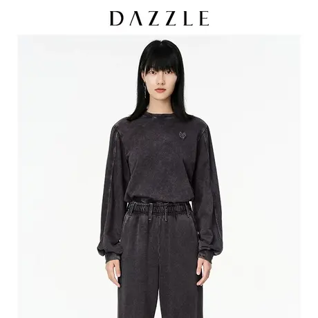 DAZZLE地素奥莱 春装复古水洗牛仔感休闲宽松卫衣女2E1J11A图片