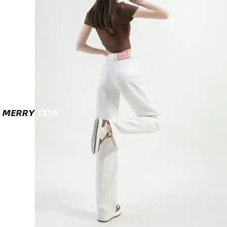 米白色宽松阔腿牛仔裤女2023年秋季新款设计感高腰显瘦百搭直筒裤商品大图