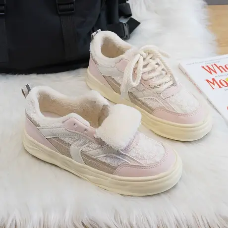 冬季保暖加绒厚底小白鞋女2022新款粉色二棉鞋冬鞋休闲板鞋女棉鞋商品大图