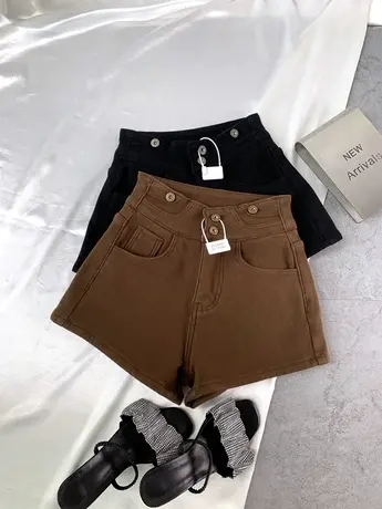 两粒扣加绒加厚牛仔短裤2023冬季新款显瘦百搭高腰弹力包臀a字裤商品大图