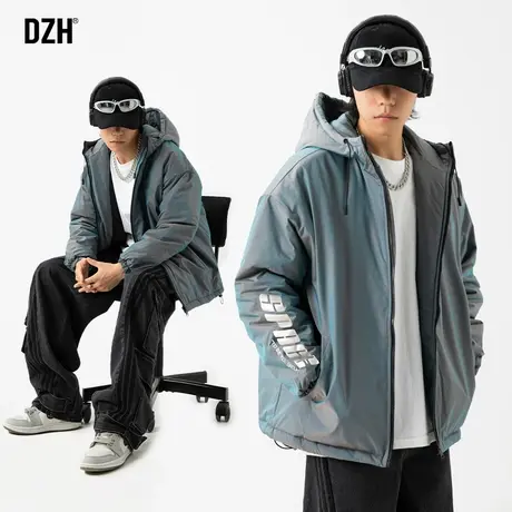 男士蓝色冲锋衣棉服男冬季加厚棉衣2023新款休闲连帽外套男款棉袄商品大图