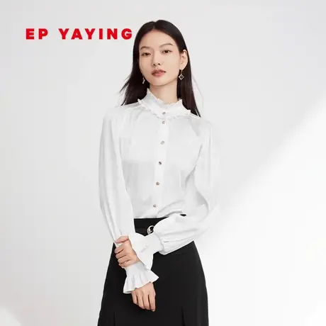 EP雅莹女装 缎面真丝提花木耳边立领白色衬衫 春装商场同款2209A商品大图
