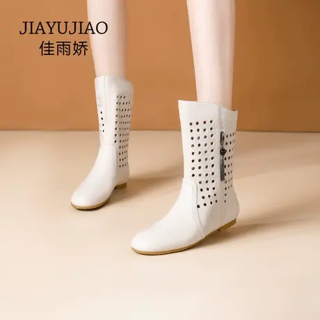 真皮平底靴女薄款短靴春新款百搭洞洞靴休闲中筒凉靴镂空马丁靴女商品大图