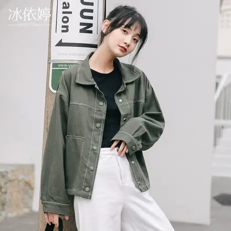 春秋港味复古军绿色工装外套女宽松bf风韩版百搭牛仔夹克ins学生图片