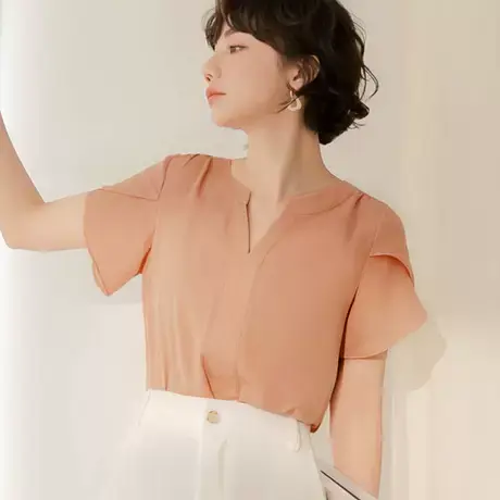 桔熊夏季通勤气质纯色V领飘逸花苞短袖舒适修身上衣女大码AB17274商品大图